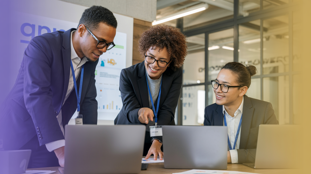 Diverse professionals collaborating with gradient overlay